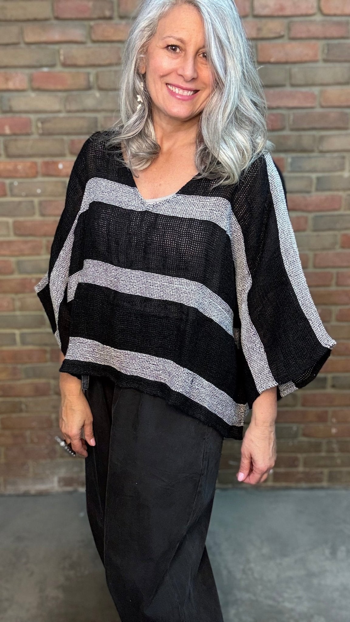 Charcoal and Black Striped Linen Topper - Vintage Vault Boutique
