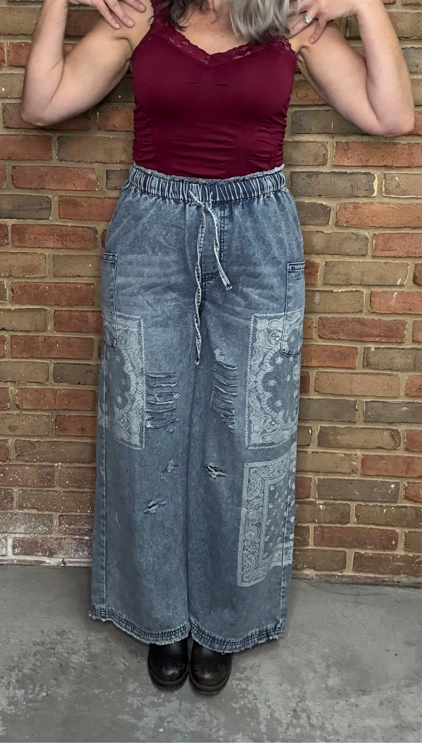 Washed Denim Wide Leg with Bandana Print Pant
