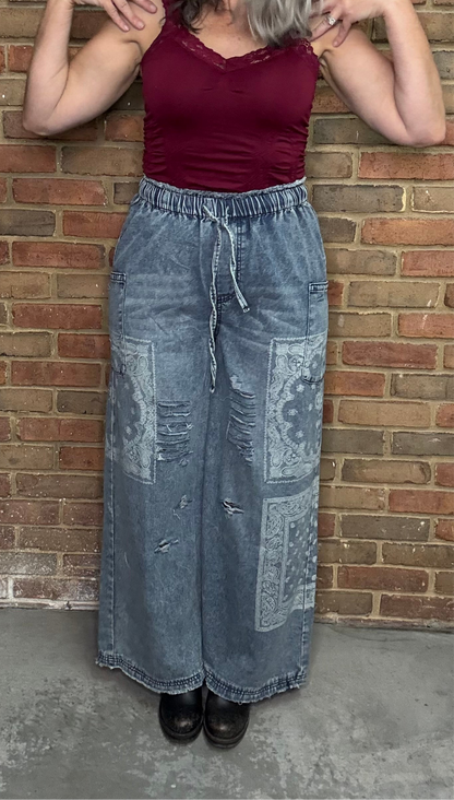 Washed Denim Wide Leg with Bandana Print Pant