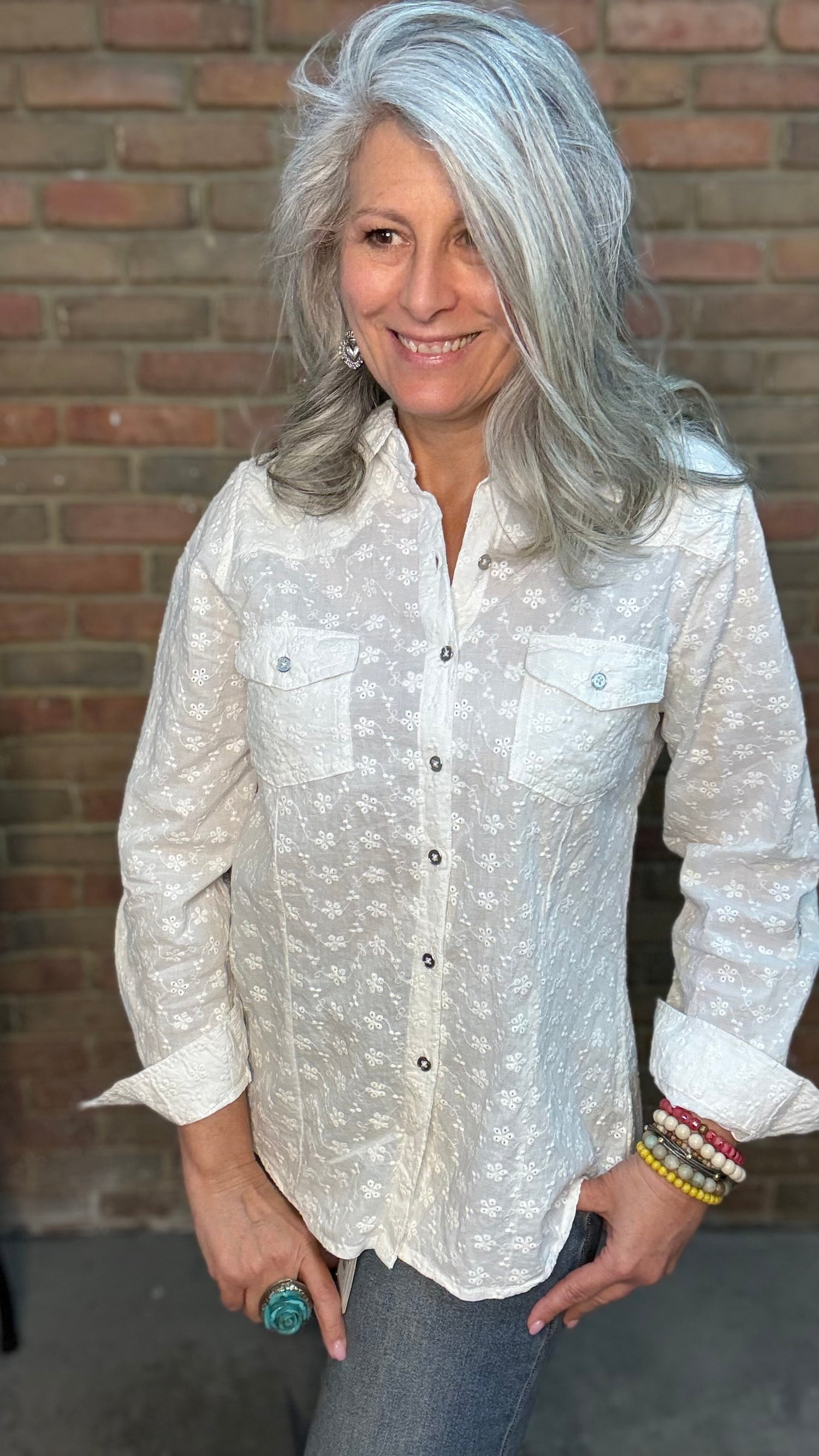 White Eyelet Tuxedo Shirt