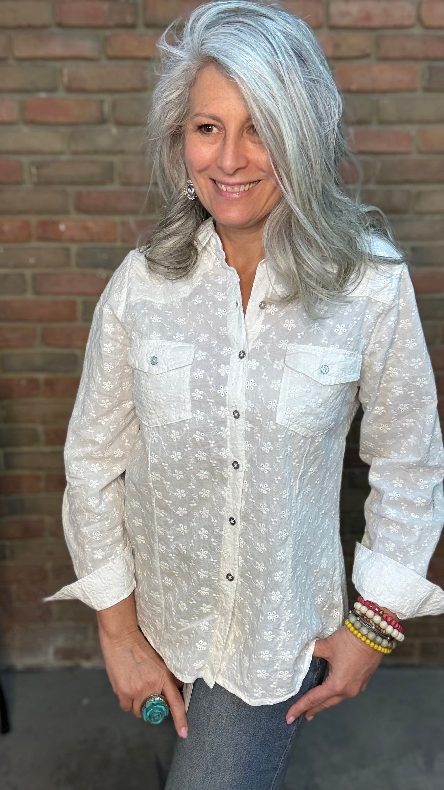 White Eyelet Tuxedo Shirt