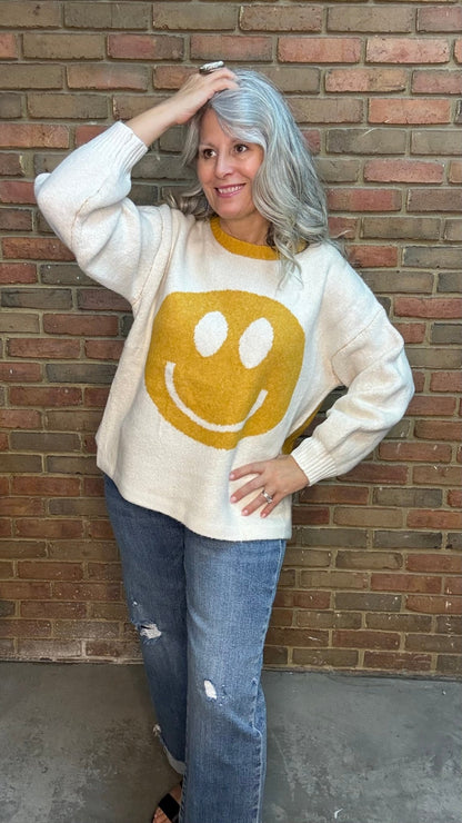 Golden Smiley Face Sweater - Vintage Vault Boutique