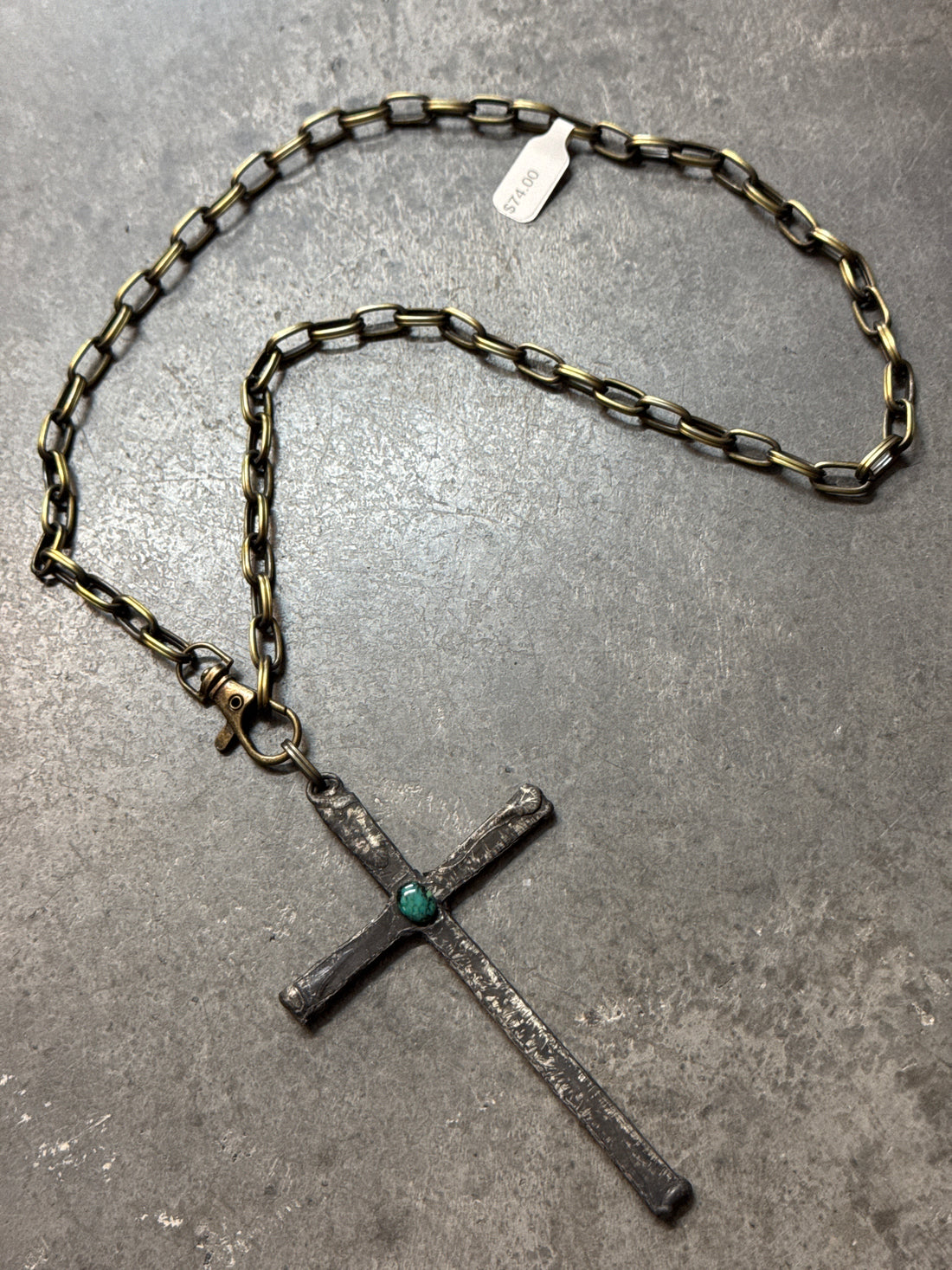 Large Rustic Cross with Turquoise Center Necklace