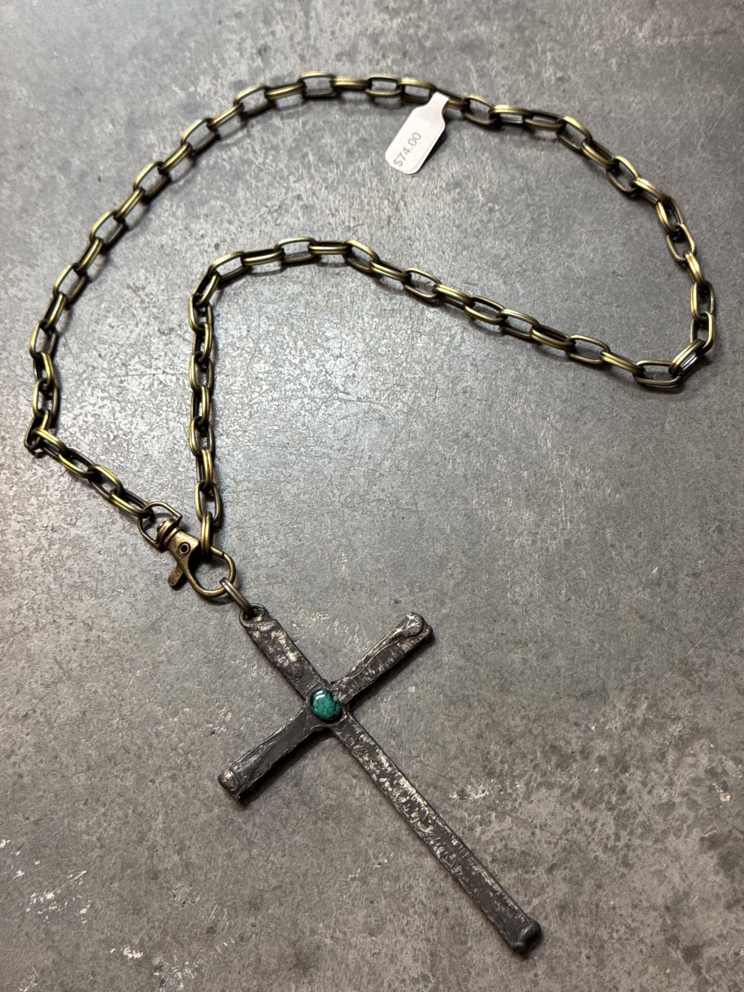 Large Rustic Cross with Turquoise Center Necklace