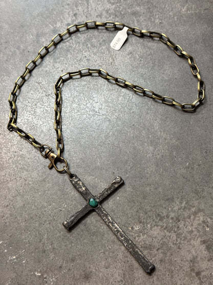 Large Rustic Cross with Turquoise Center Necklace