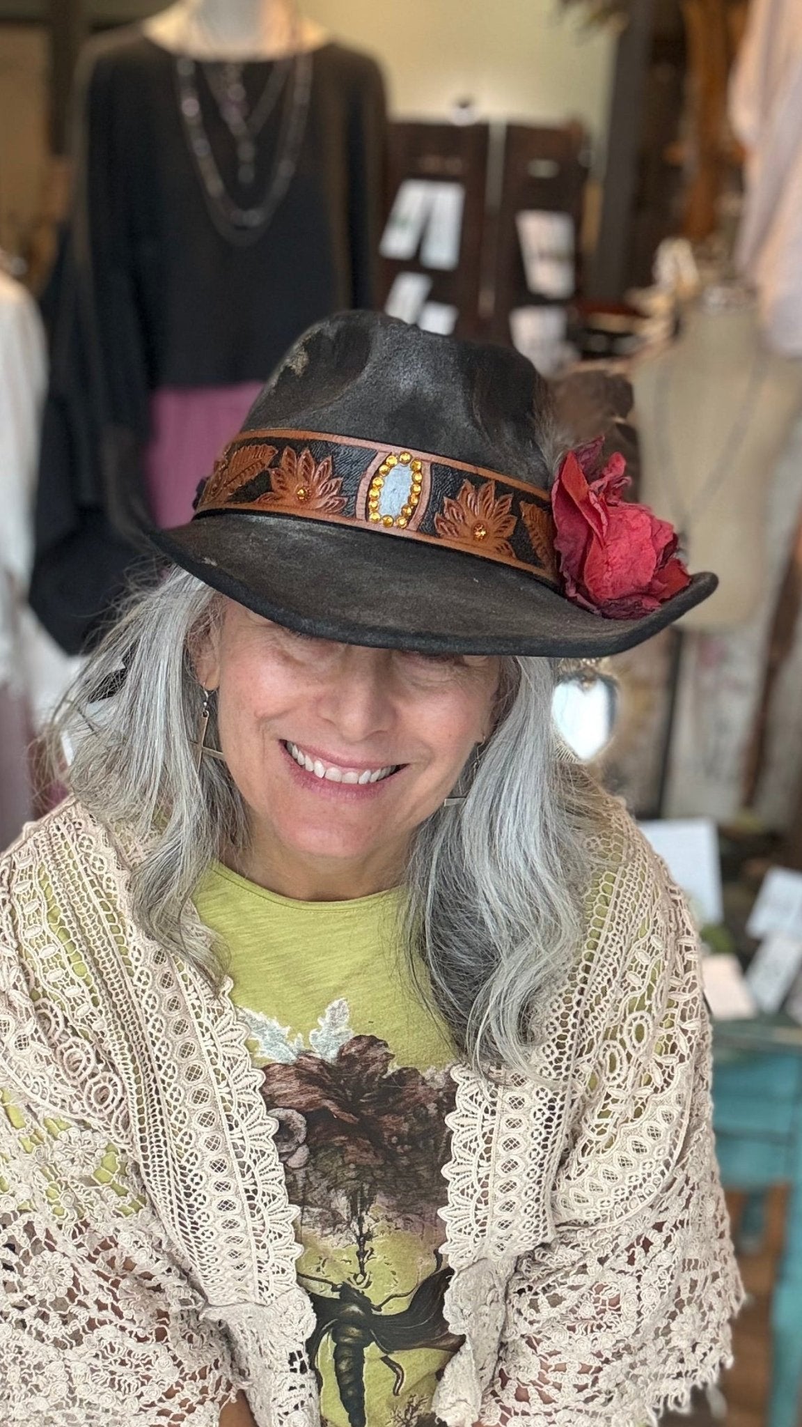 Red Rose Black Cowboy Hat by A Rare Bird - Vintage Vault Boutique