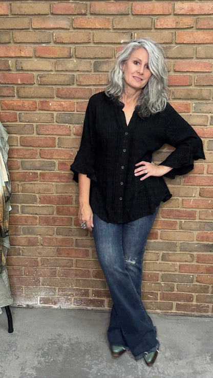 Black Eyelet Button up Top