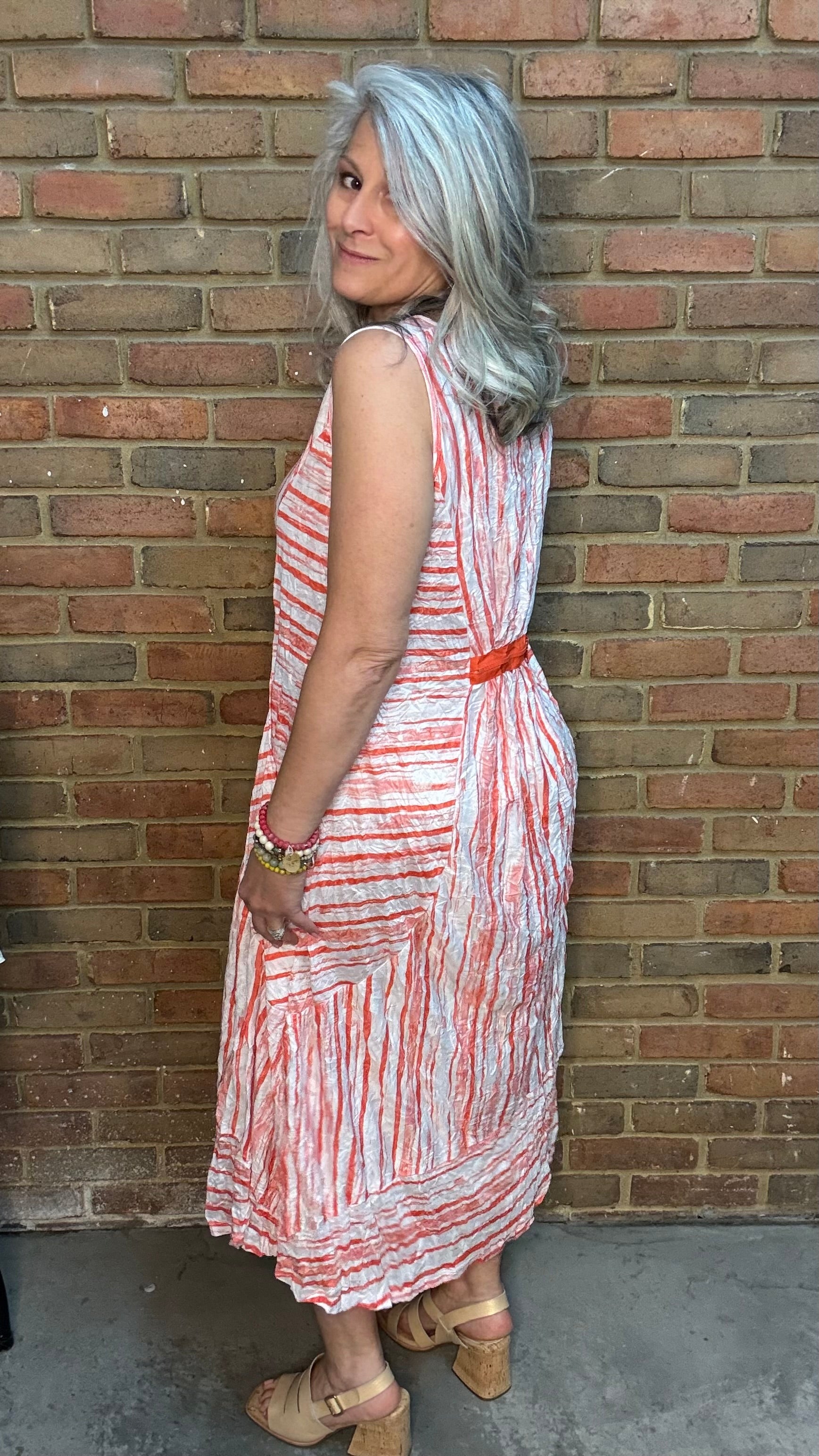 Coral Stripe Slvlss Crinkle Dress