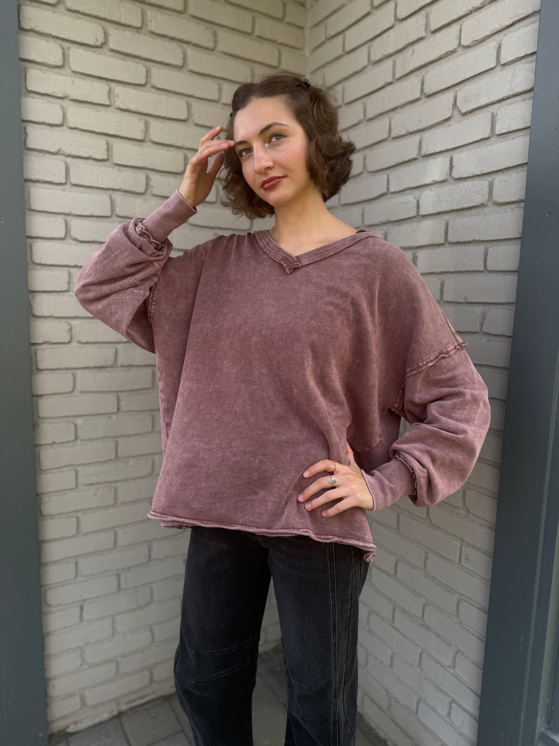 Red Bean V-Neck Oversized Sweatshirt