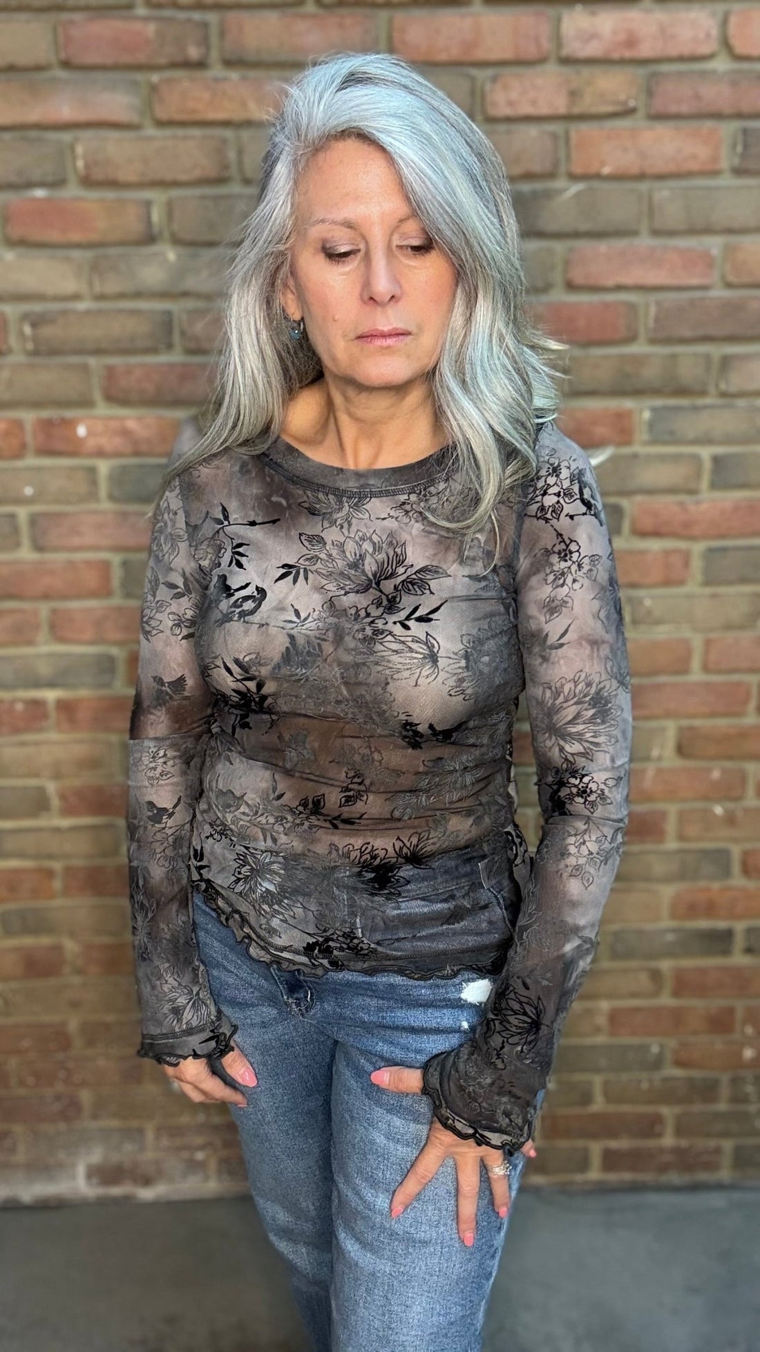 Grey Burn Out Floral Mesh Top - Vintage Vault Boutique