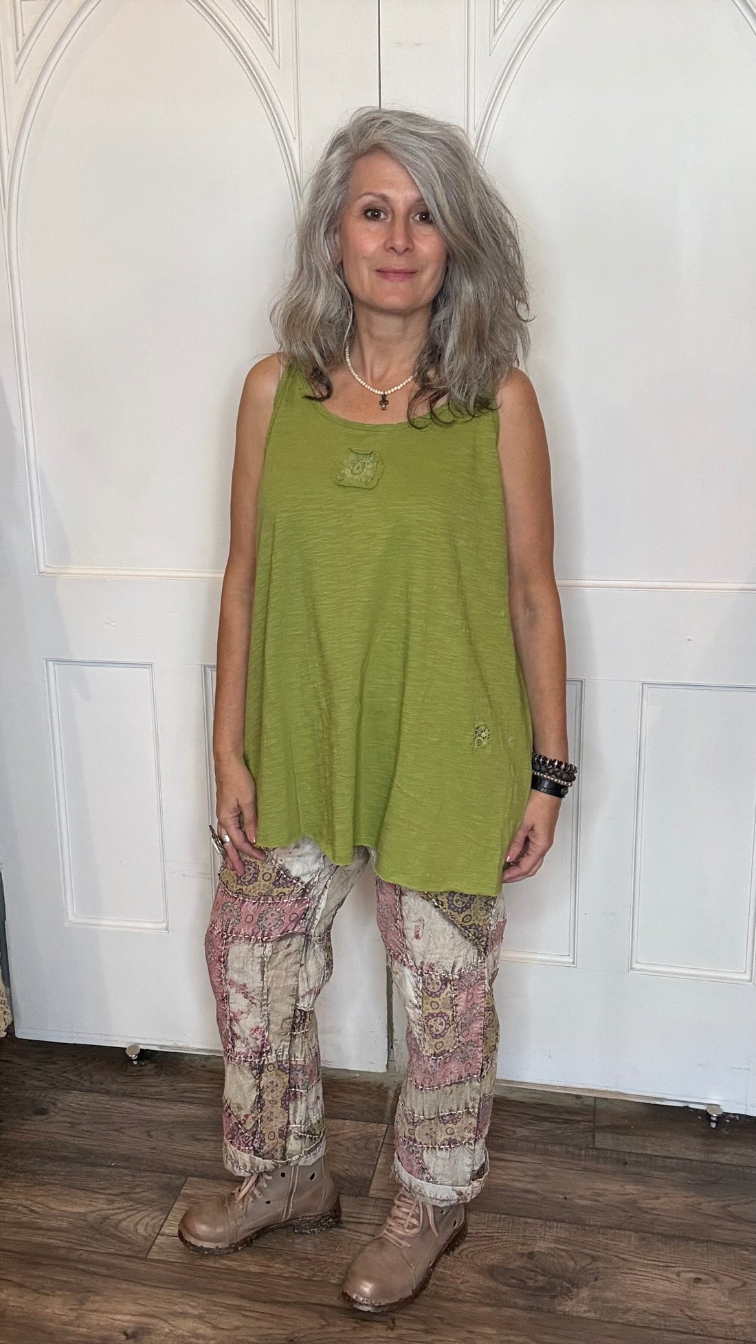 Apple Green Cami with Lace Inset and Raw Edges