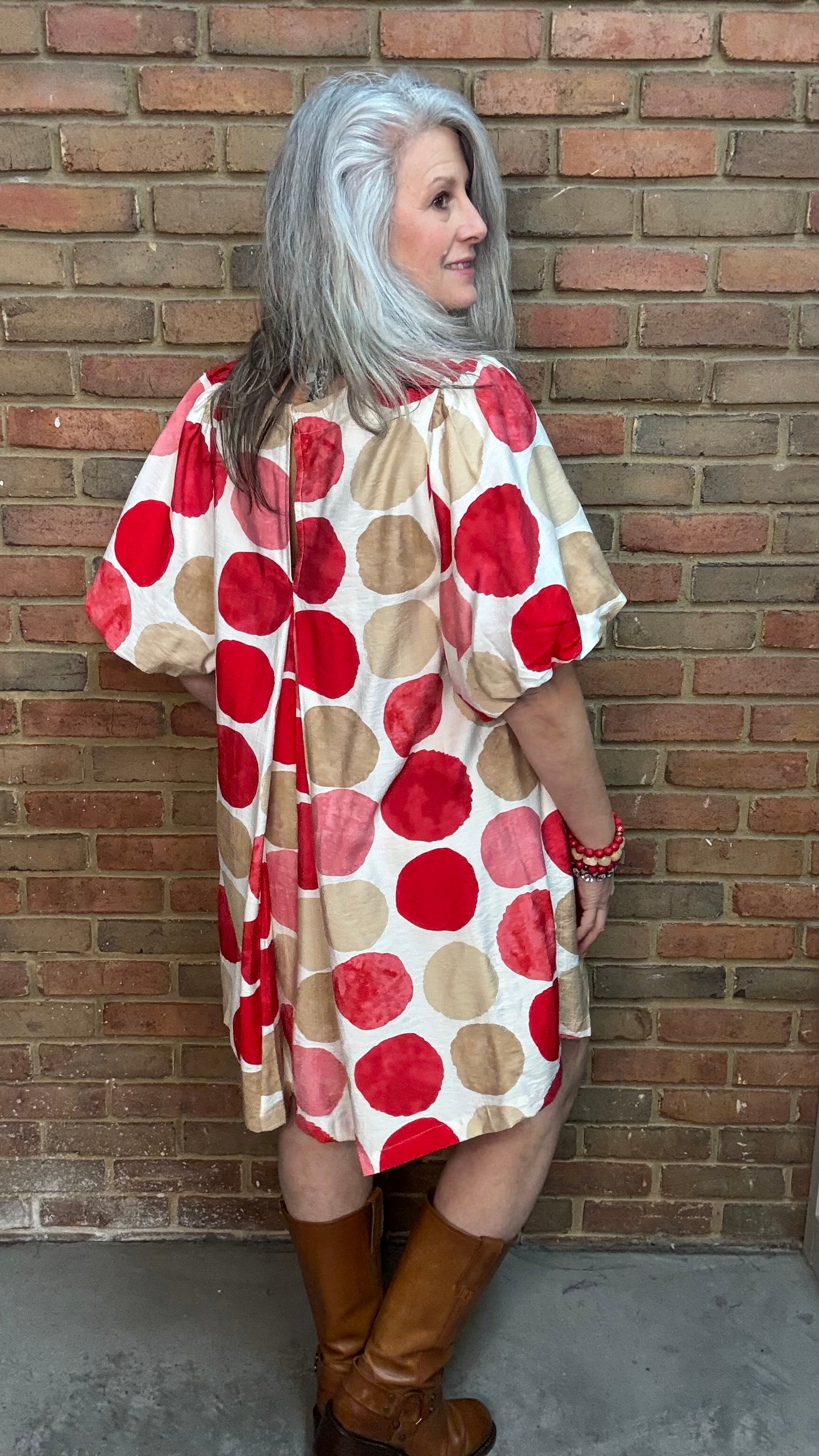 Woman wearing Red Mix Bubble Sleeve Mini Dress with Toolie Shoe Beige 