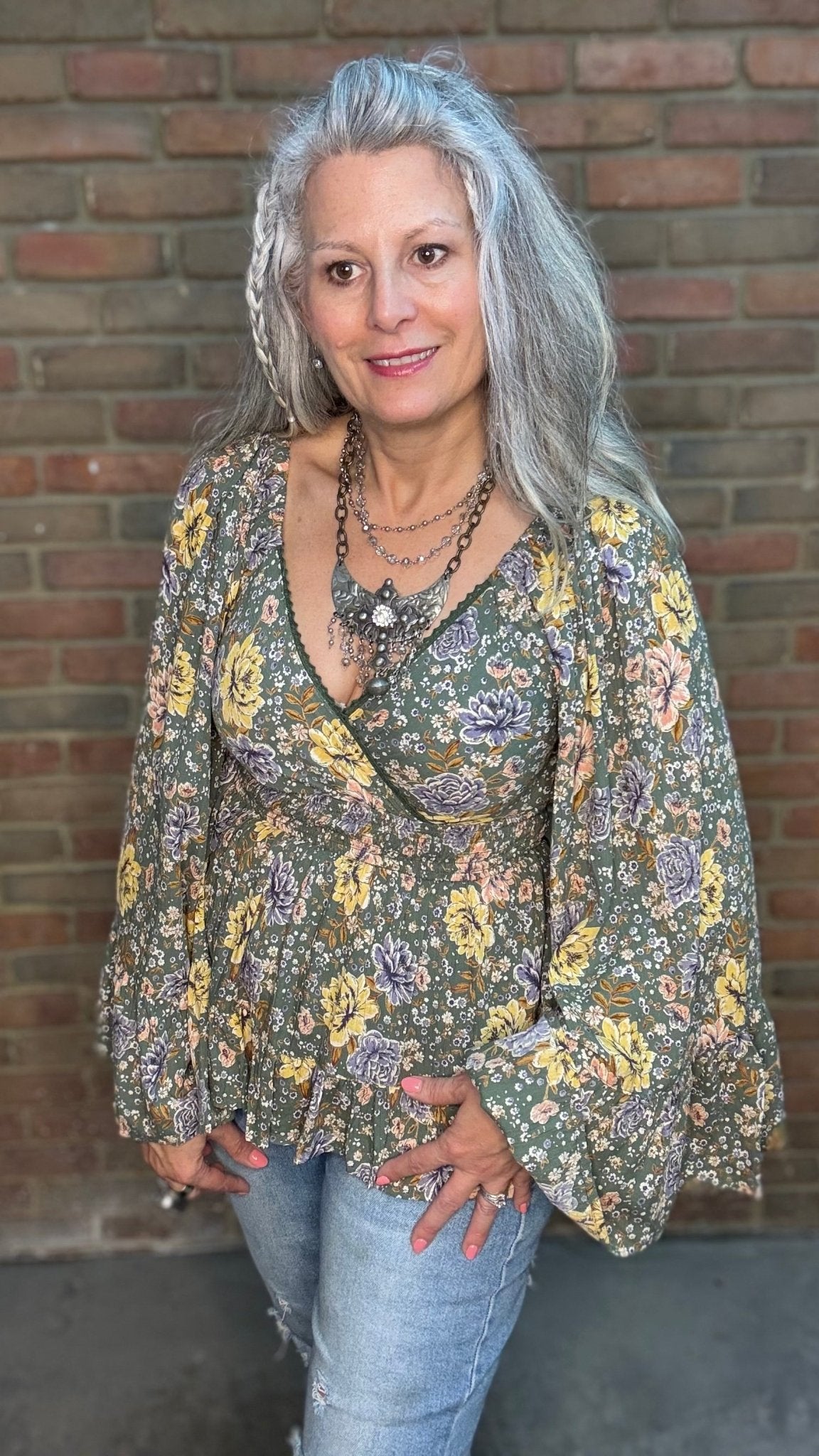 Long Flare Sleeve Flowy Top - Olive - Vintage Vault Boutique