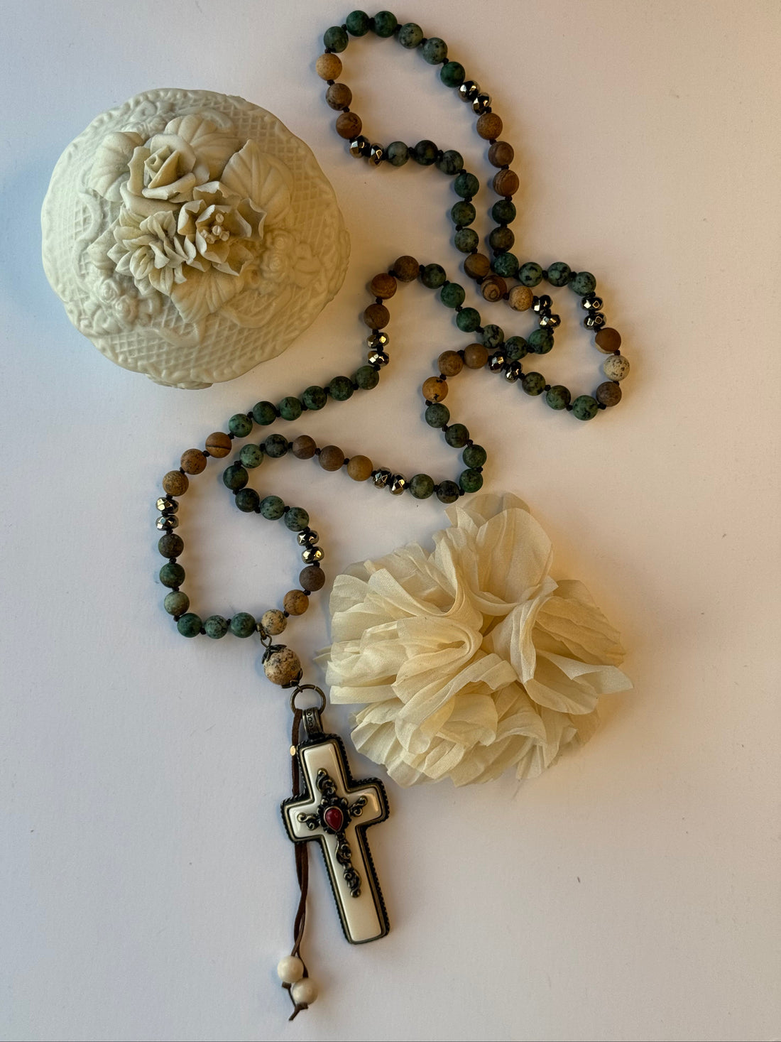 Bone Cross with Brass Center Embellishment Necklace