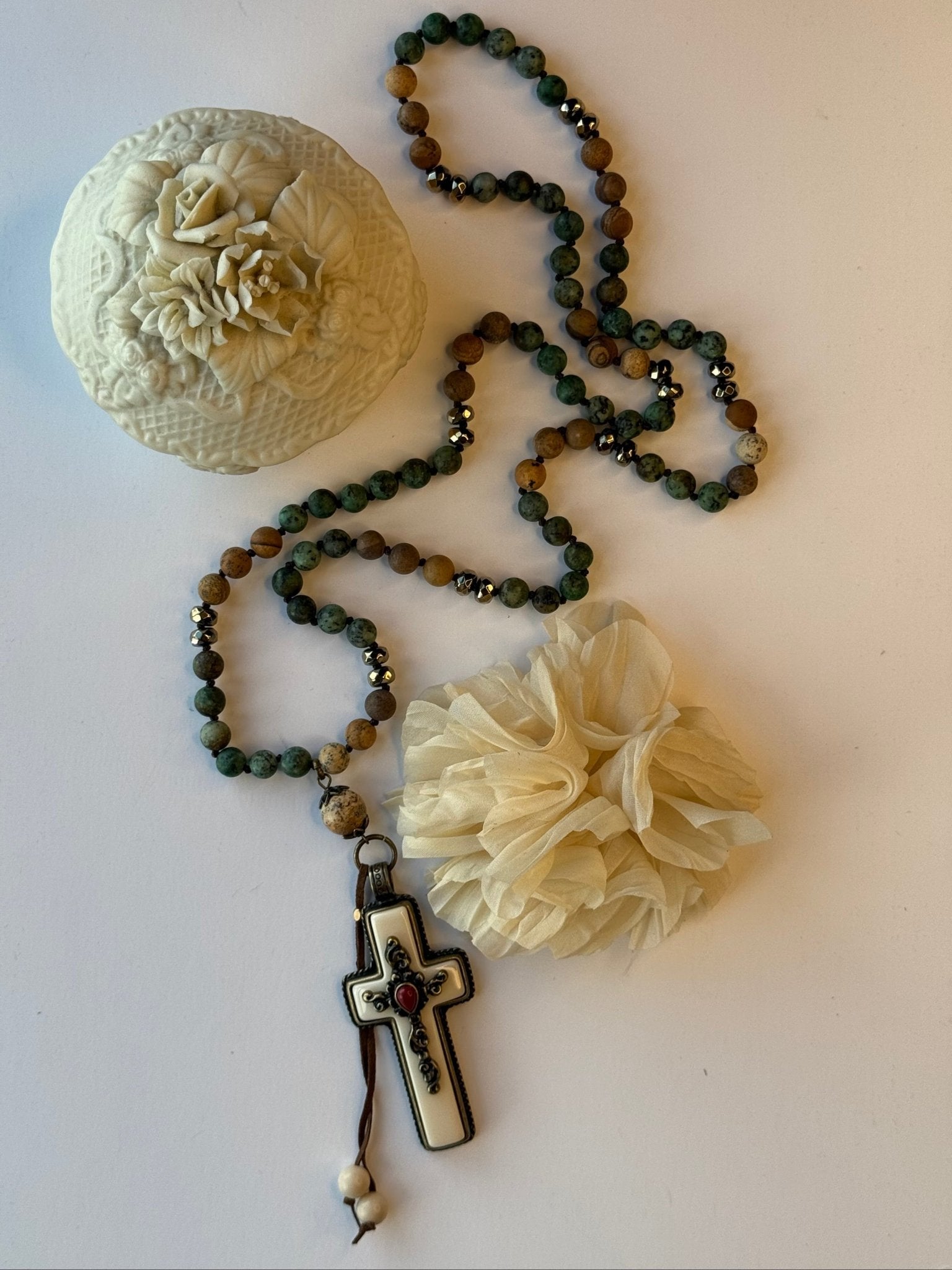 Bone Cross with Brass Center Embellishment Necklace - Vintage Vault Boutique