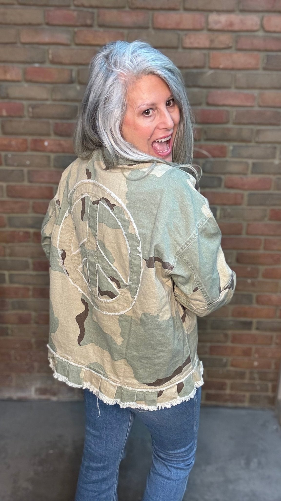 Camo Ruffle Hem Peace Jacket - Vintage Vault Boutique