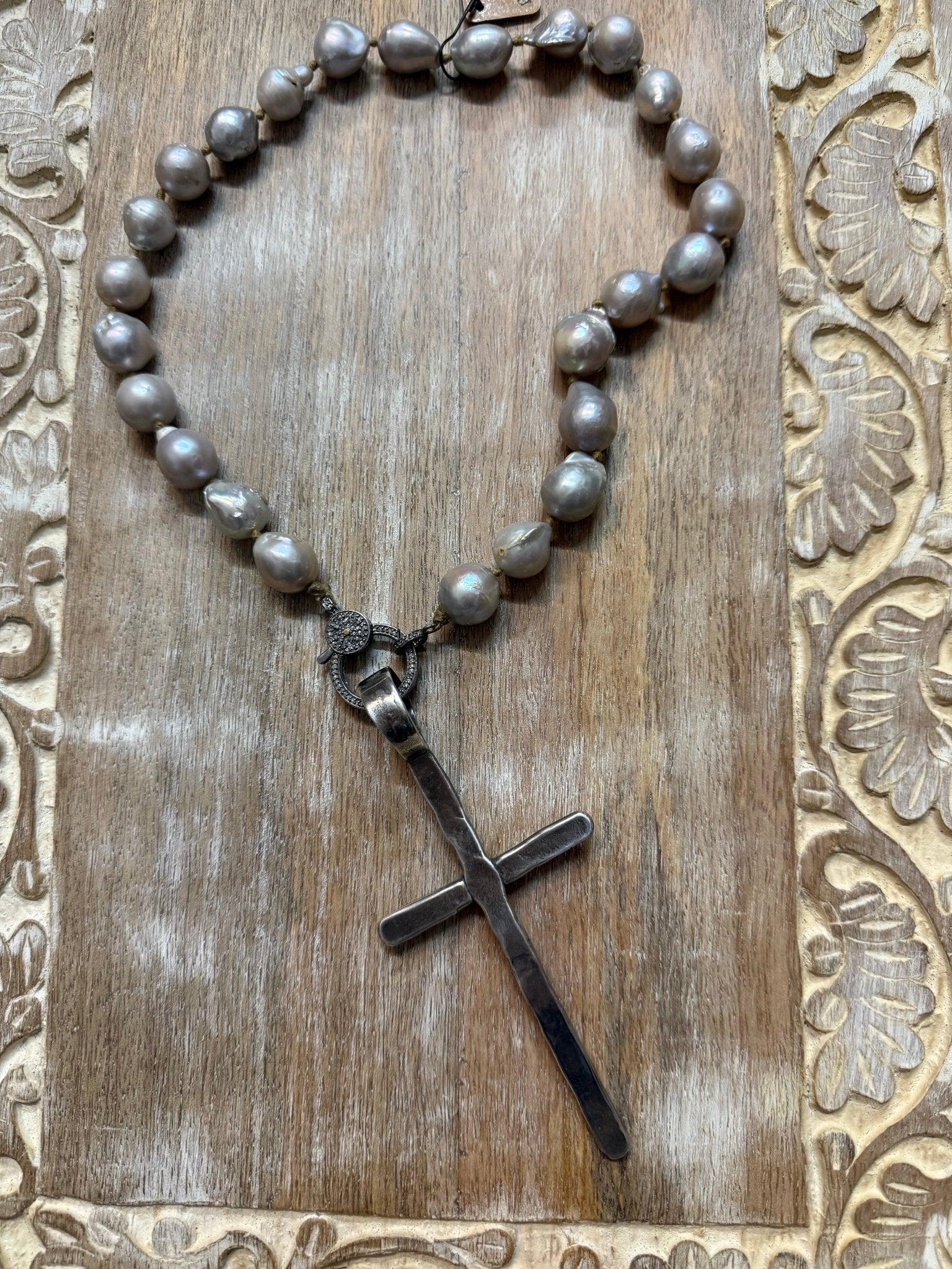 Large Silver Cross on Pearls Necklace - Vintage Vault Boutique