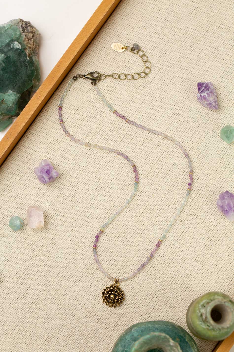 Aspire 16.5-18.5&quot; Fluorite With Gold Plated Brass Mum Flower Pendant Simple Necklace