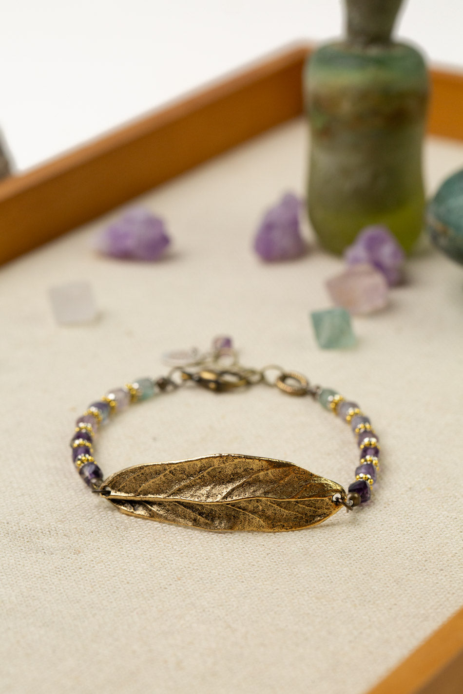 Aspire 7.5-8.5&quot; Rainbow Fluorite With Antique Gold Plated Brass Leaf Statement Bracelet