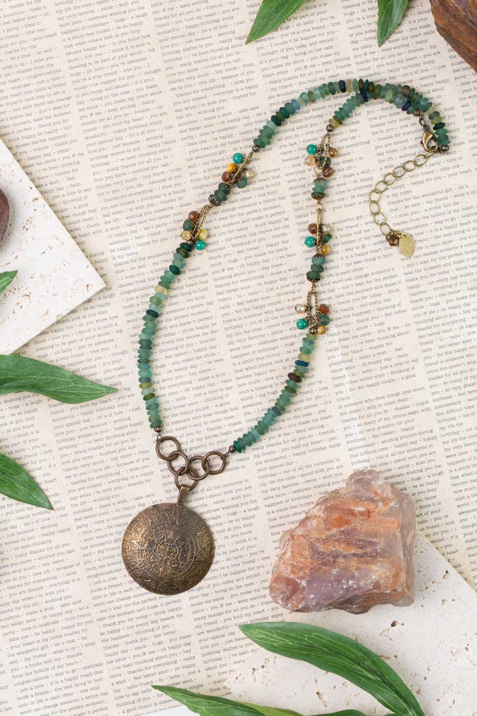 Atlas 19.5 - 21.5" Roman Glass, Czech Glass With Antique Brass Medallion Statement Necklace - Vintage Vault Boutique