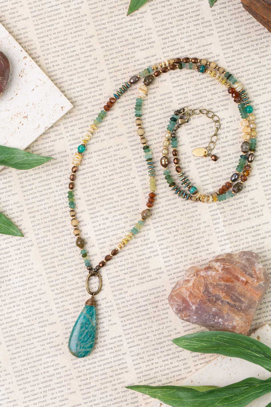 Atlas 30.5 - 32.5" Roman Glass, Honey Opal With Agate Teardrop Briolette Statement Necklace - Vintage Vault Boutique