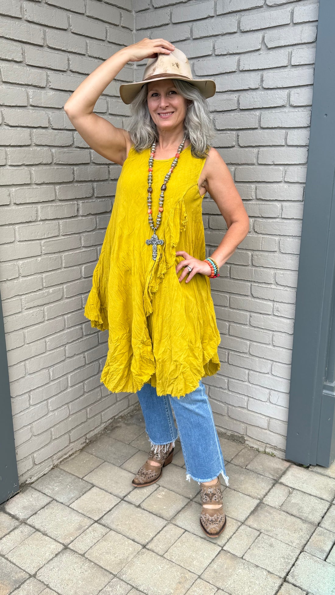 Cotton Open Slit Mustard Dress