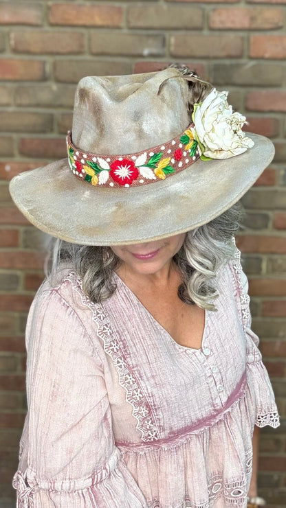 Tan Hat with Embroidery Band - A Rare Bird - Vintage Vault Boutique