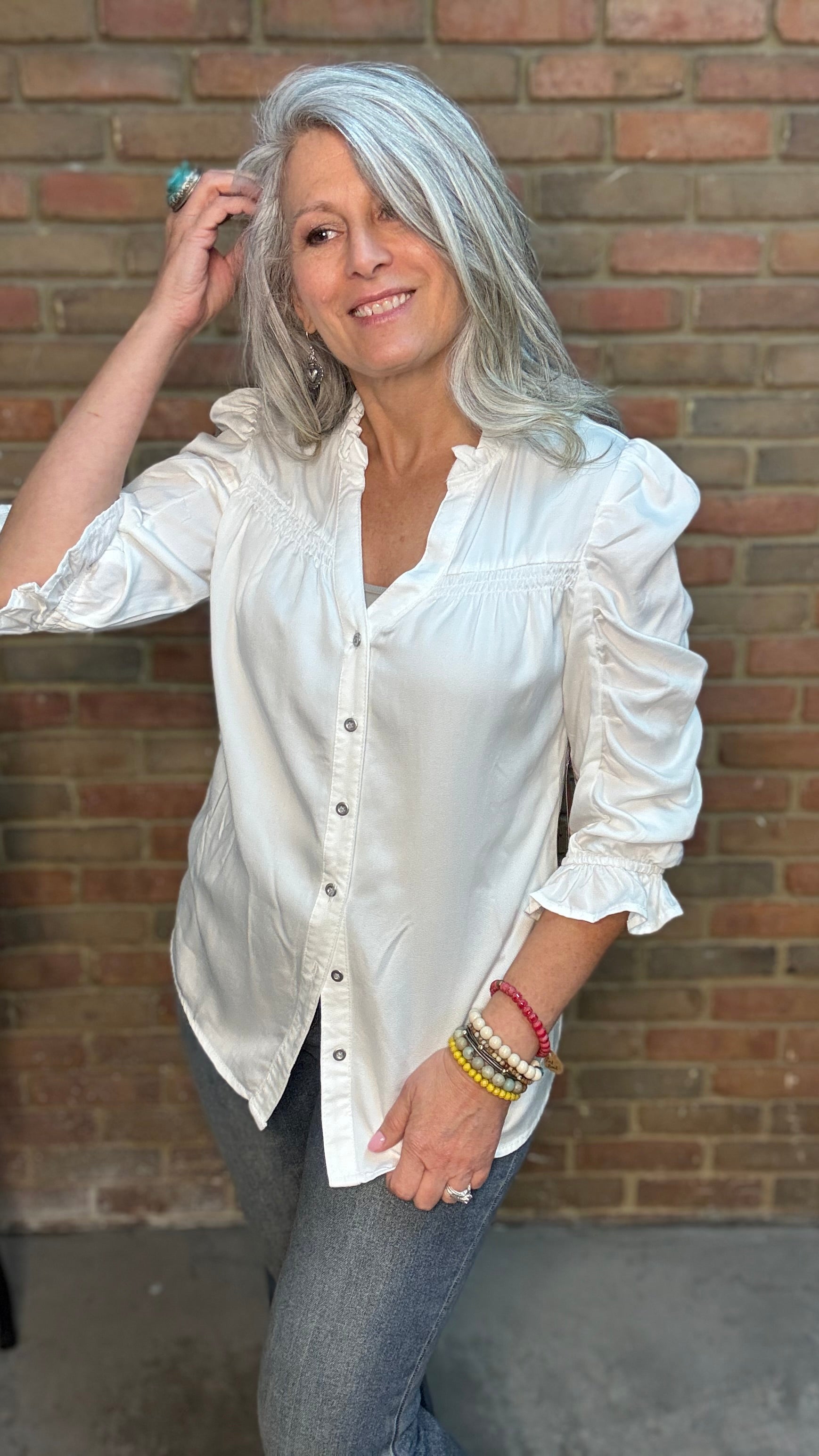 Button Front V-Neck Blouse