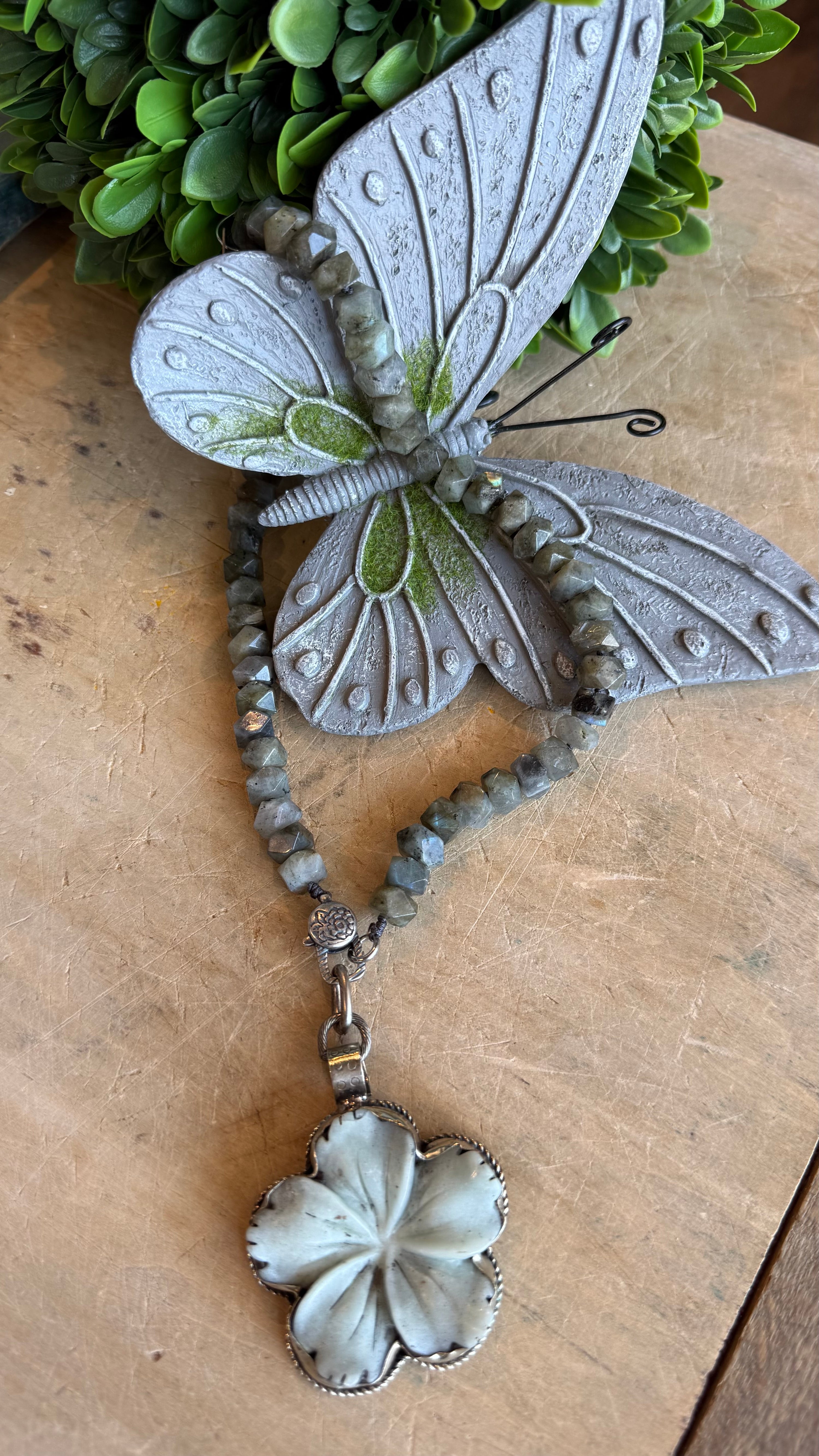 Amazonite Flower on Labradorite Beaded Charm Holder Necklace
