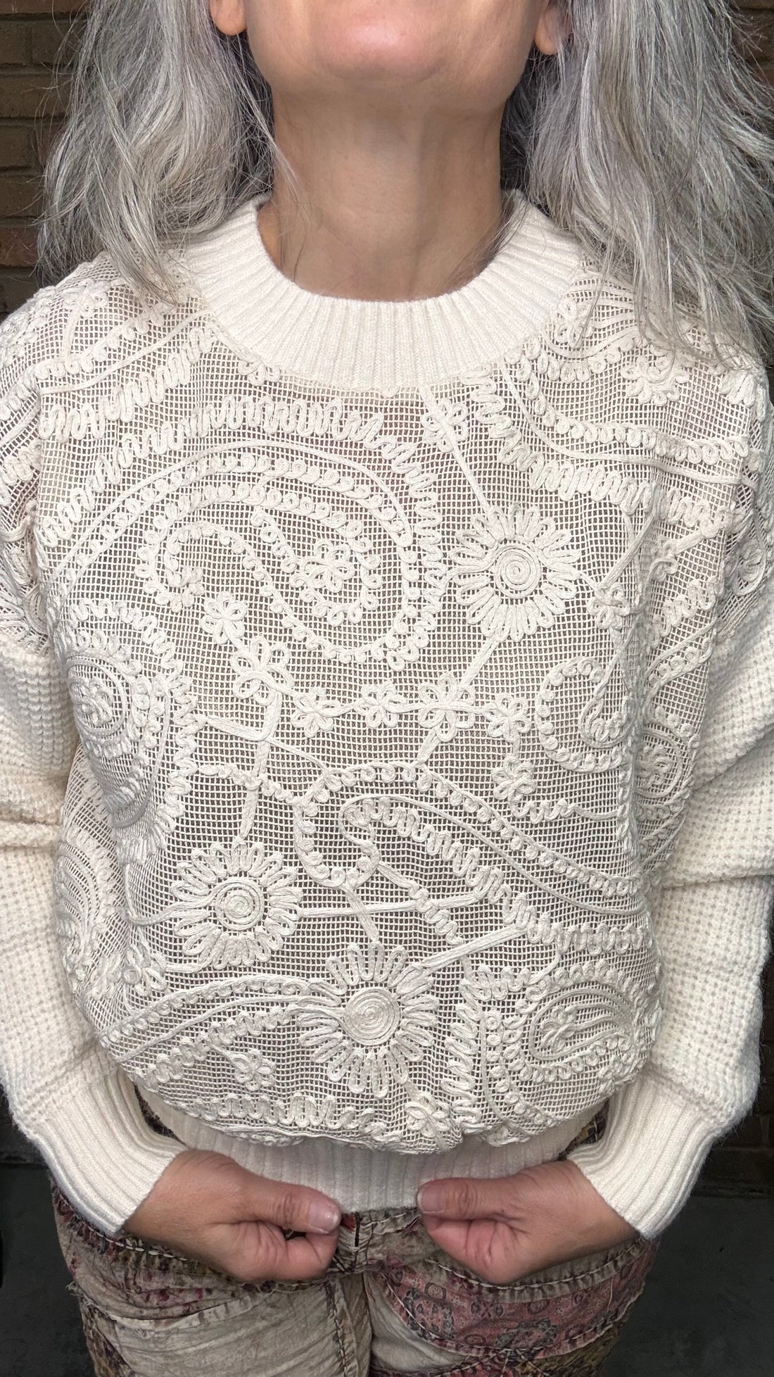 Waffle Stitch Front Paisley Sweater