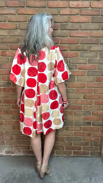 Woman wearing Red Mix Bubble Sleeve Mini Dress with Toolie Shoe Beige 