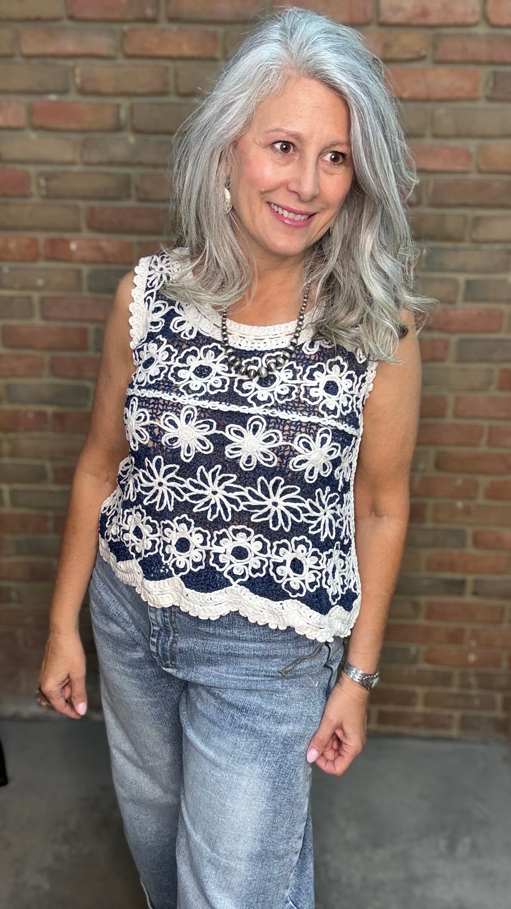 Natural/Denim Crochet Tank