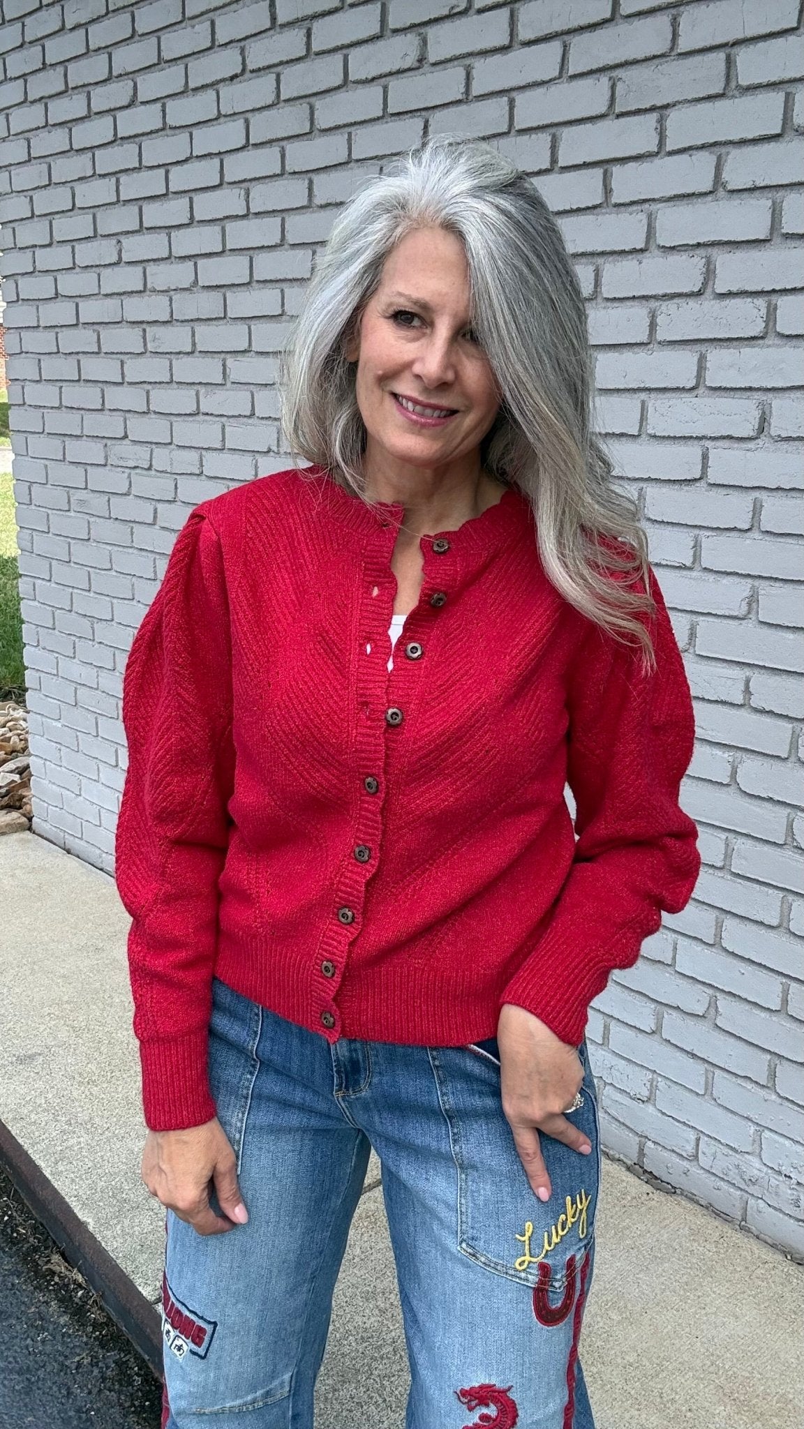 Pointelle Red Cardigan Sweater - Vintage Vault Boutique