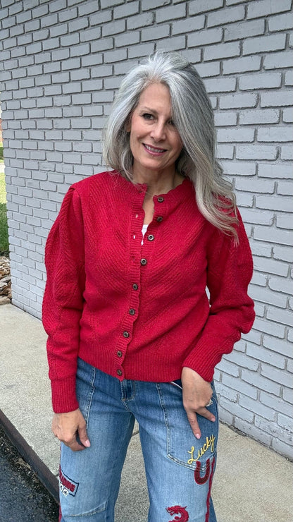 Pointelle Red Cardigan Sweater - Vintage Vault Boutique