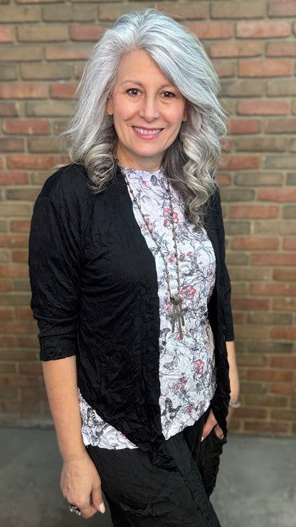 Black Solid Crinkle Tie Cardigan