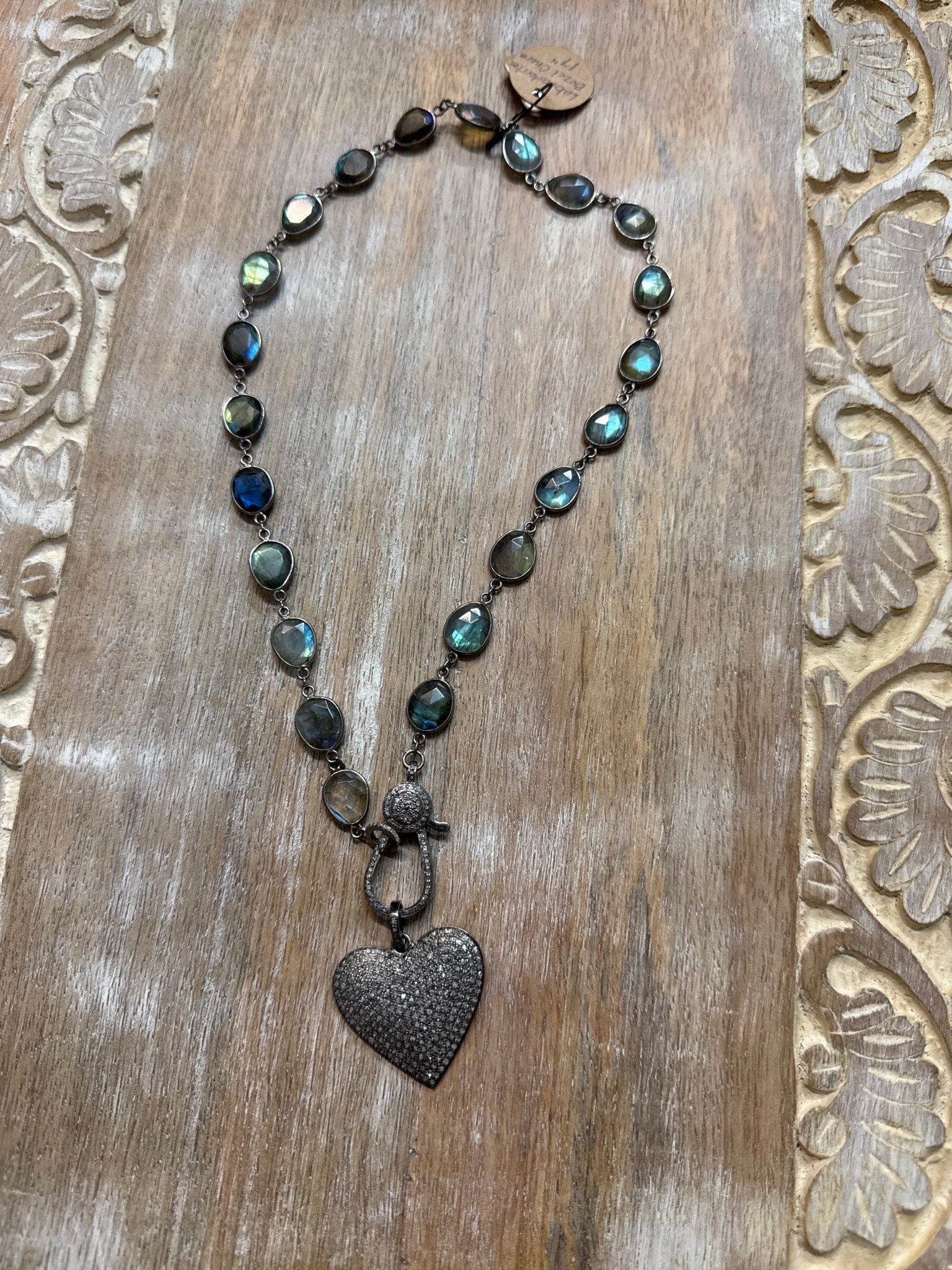 Labradorite Bezel Charm Holder with Diamond Heart - Vintage Vault Boutique