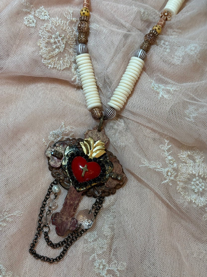Red Heart on Cross Necklace
