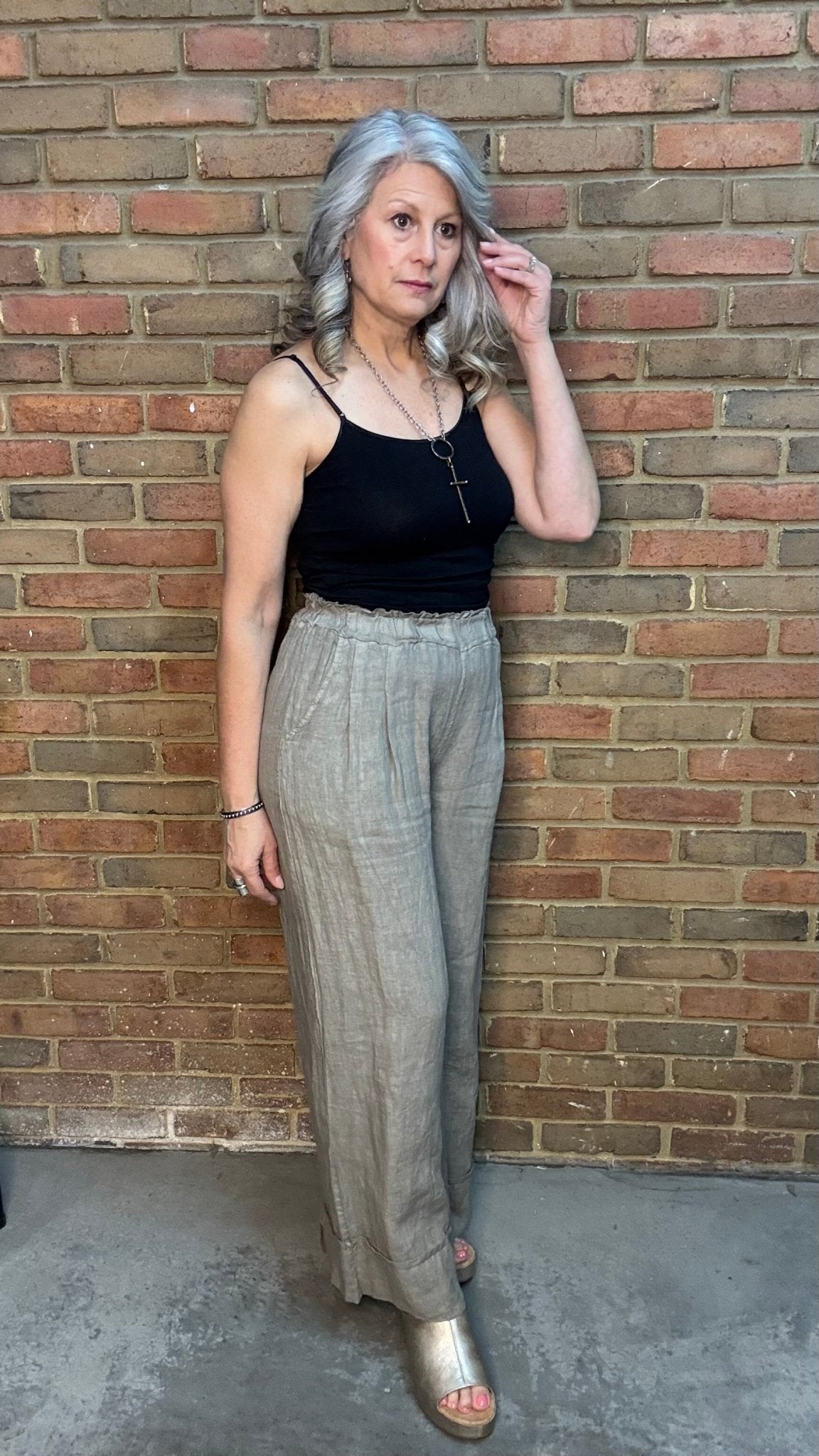 Taupe Wide Leg Cuff Pant - Vintage Vault Boutique