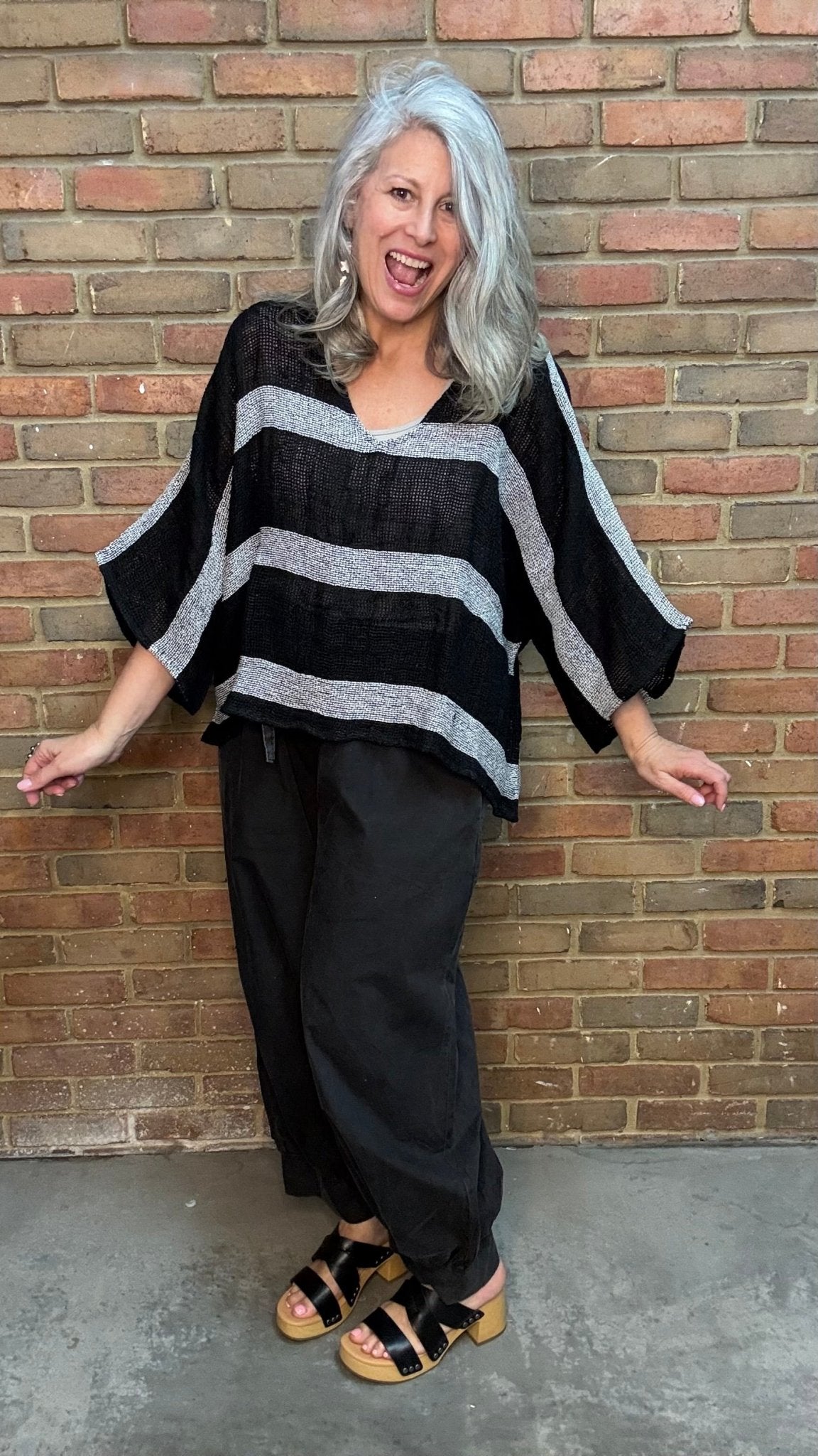 Charcoal and Black Striped Linen Topper - Vintage Vault Boutique