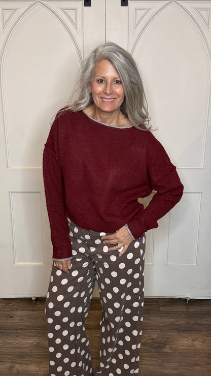 Wine Wide Neck Sweater - Vintage Vault Boutique