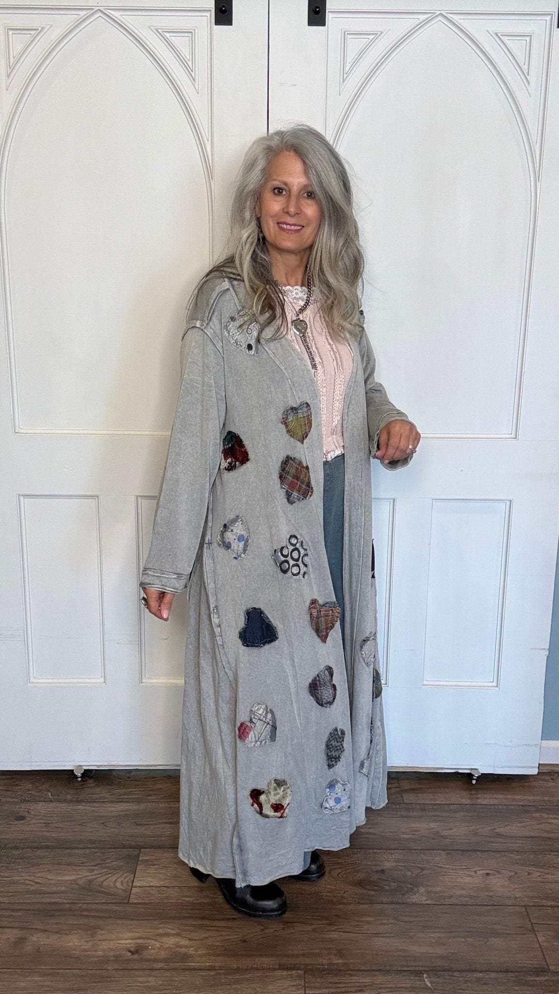 Long Grey Hearts Patch Jacket - Vintage Vault Boutique