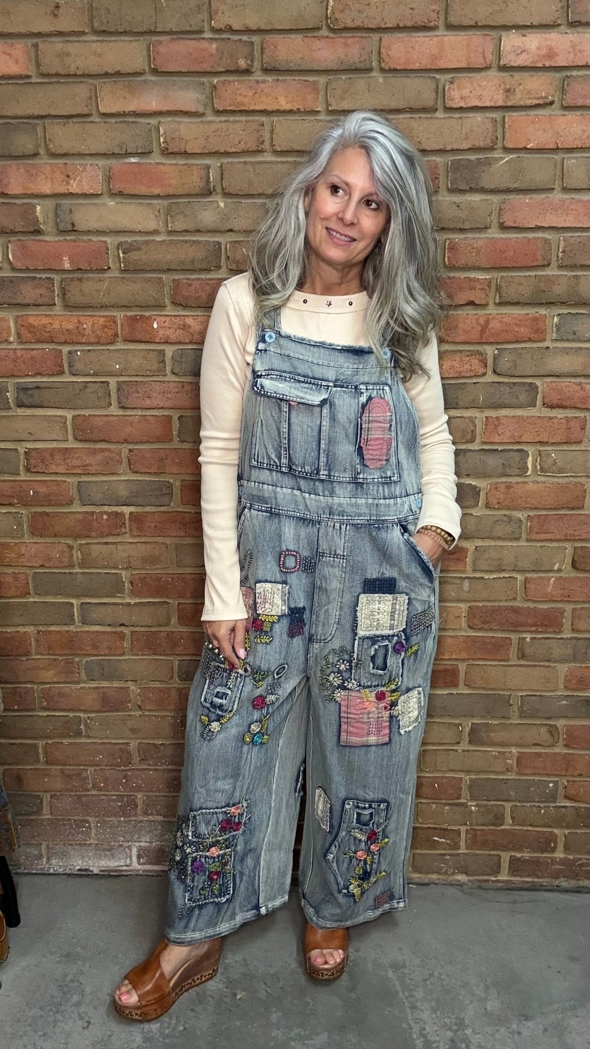 Embroidered Patchwork Denim Overalls - Vintage Vault Boutique