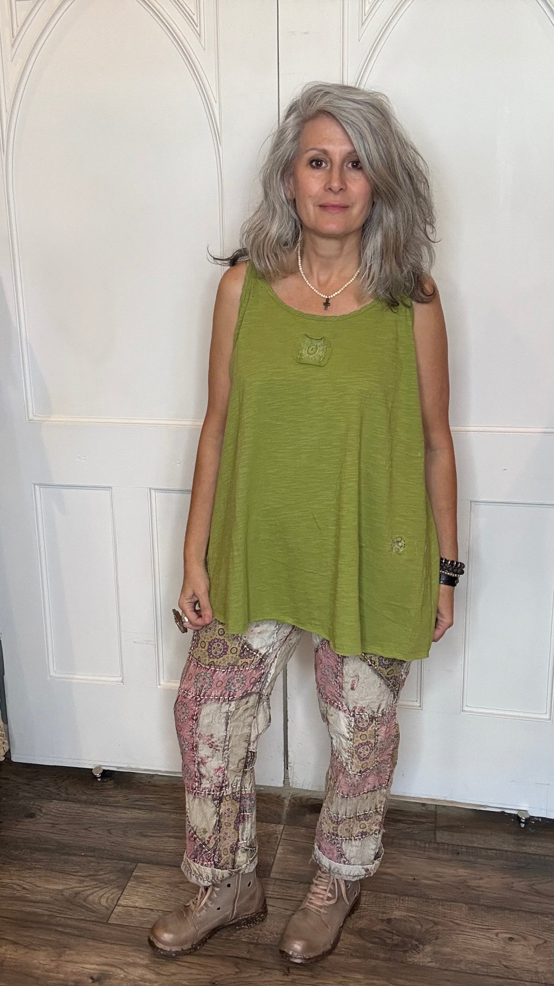 Apple Green Cami with Lace Inset and Raw Edges