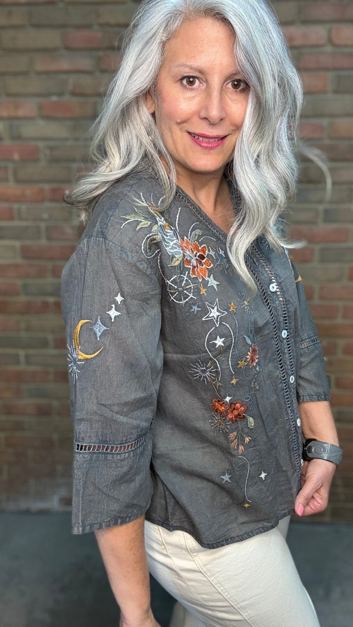 Jovanna - Dark Grey Embroidery Shirt - Vintage Vault Boutique