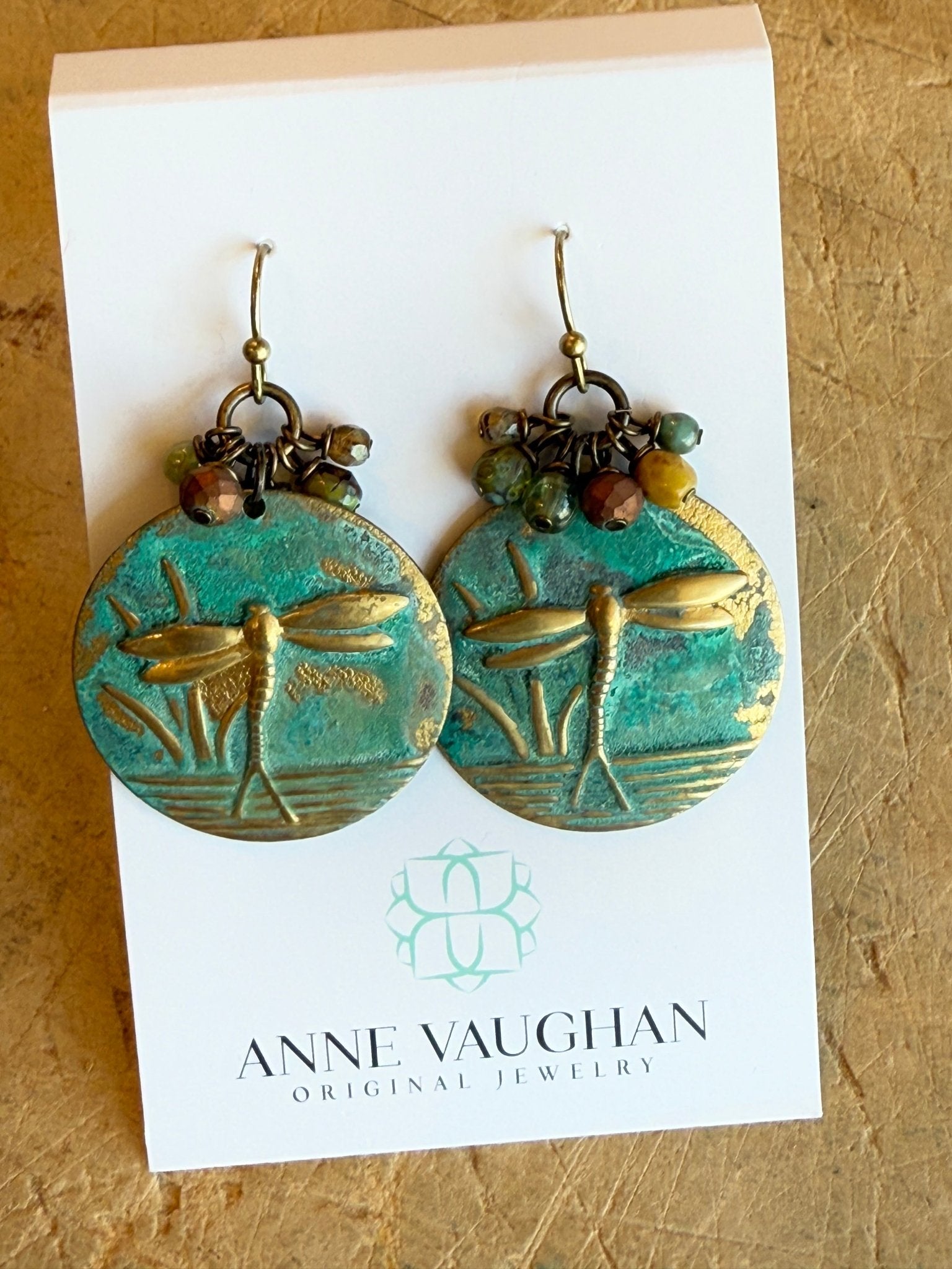 Rustic Creek Brass Patina Dragonfly Earrings E075 - Vintage Vault Boutique