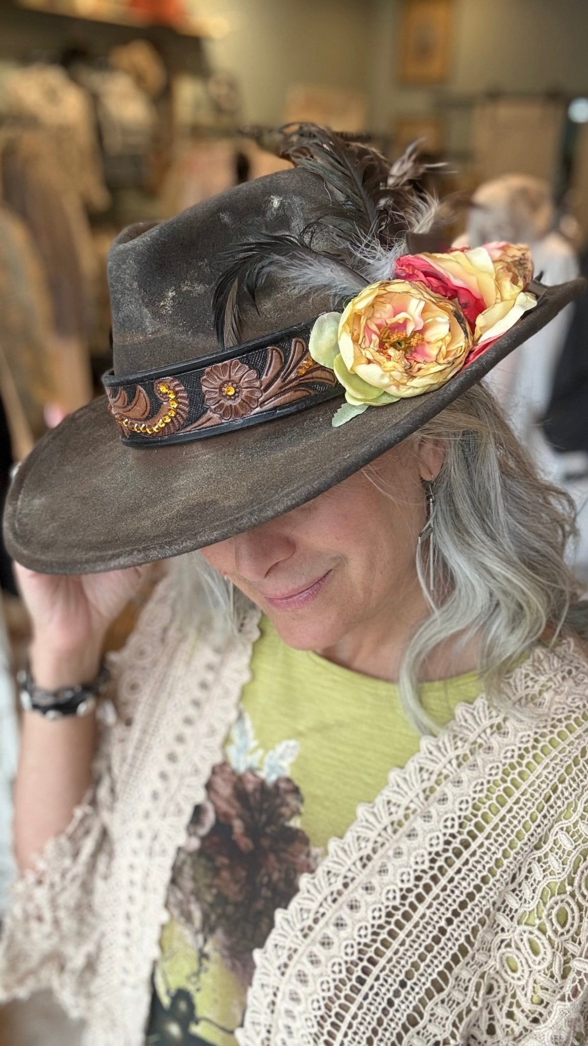 Yellow Rose Embossed Band Cowboy Hat by A Rare Bird - Vintage Vault Boutique