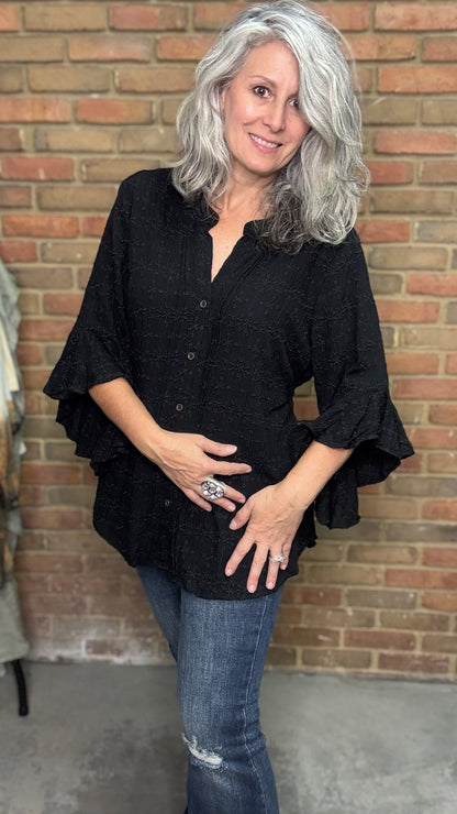 Black Eyelet Button up Top