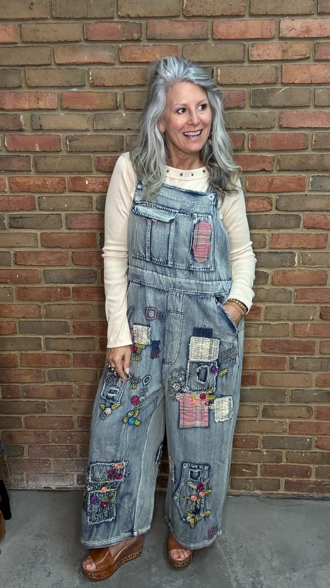 Embroidered Patchwork Denim Overalls - Vintage Vault Boutique