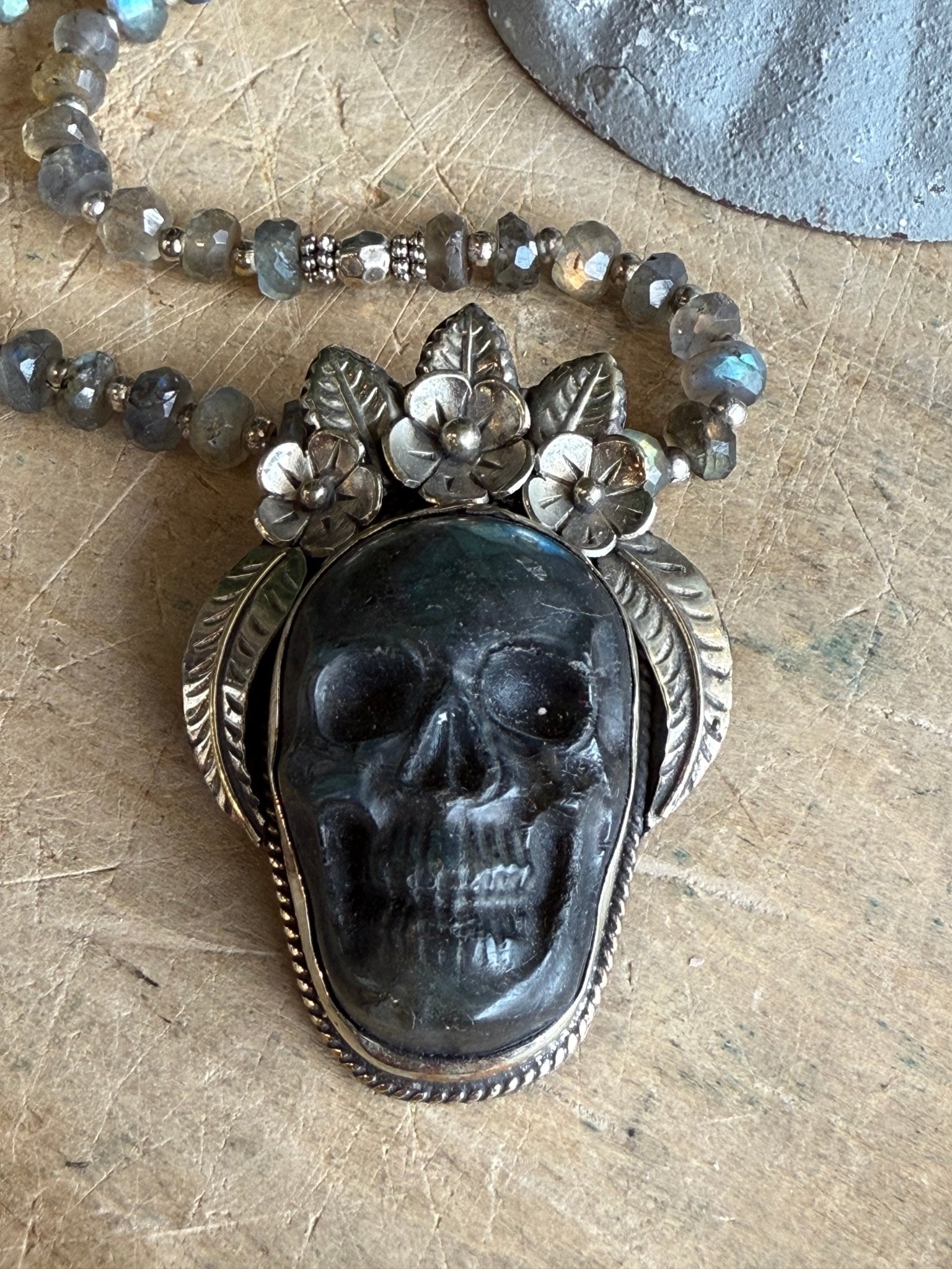 Labradorite Skull Necklace - Vintage Vault Boutique