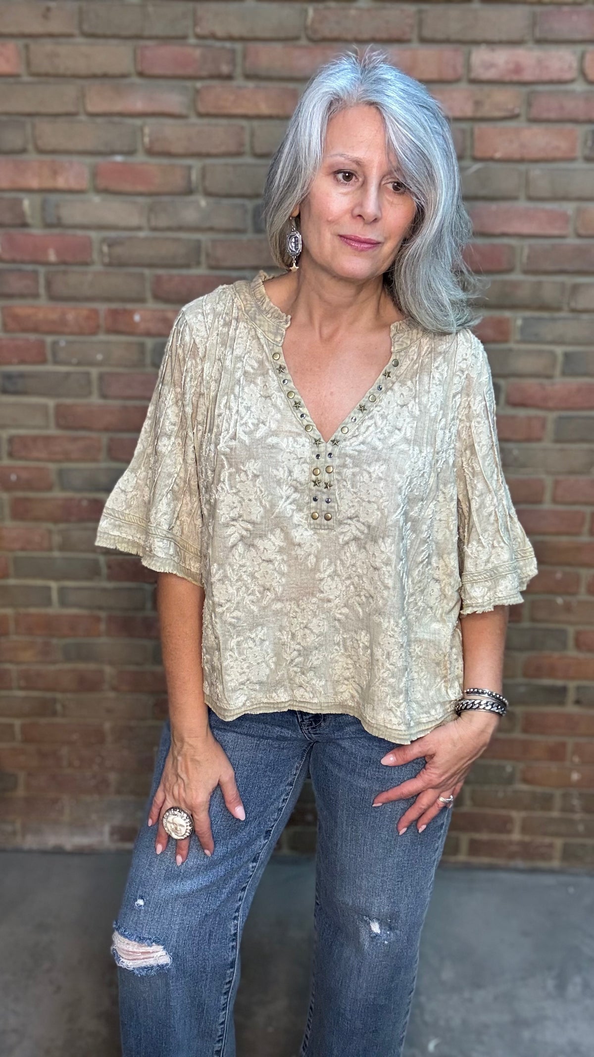 Vintage Metallic Stud V-Neck Top